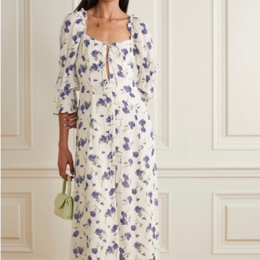 Reformation Roberta Tie-detailed Floral-print Georgette Midi Dress - Blueberry
